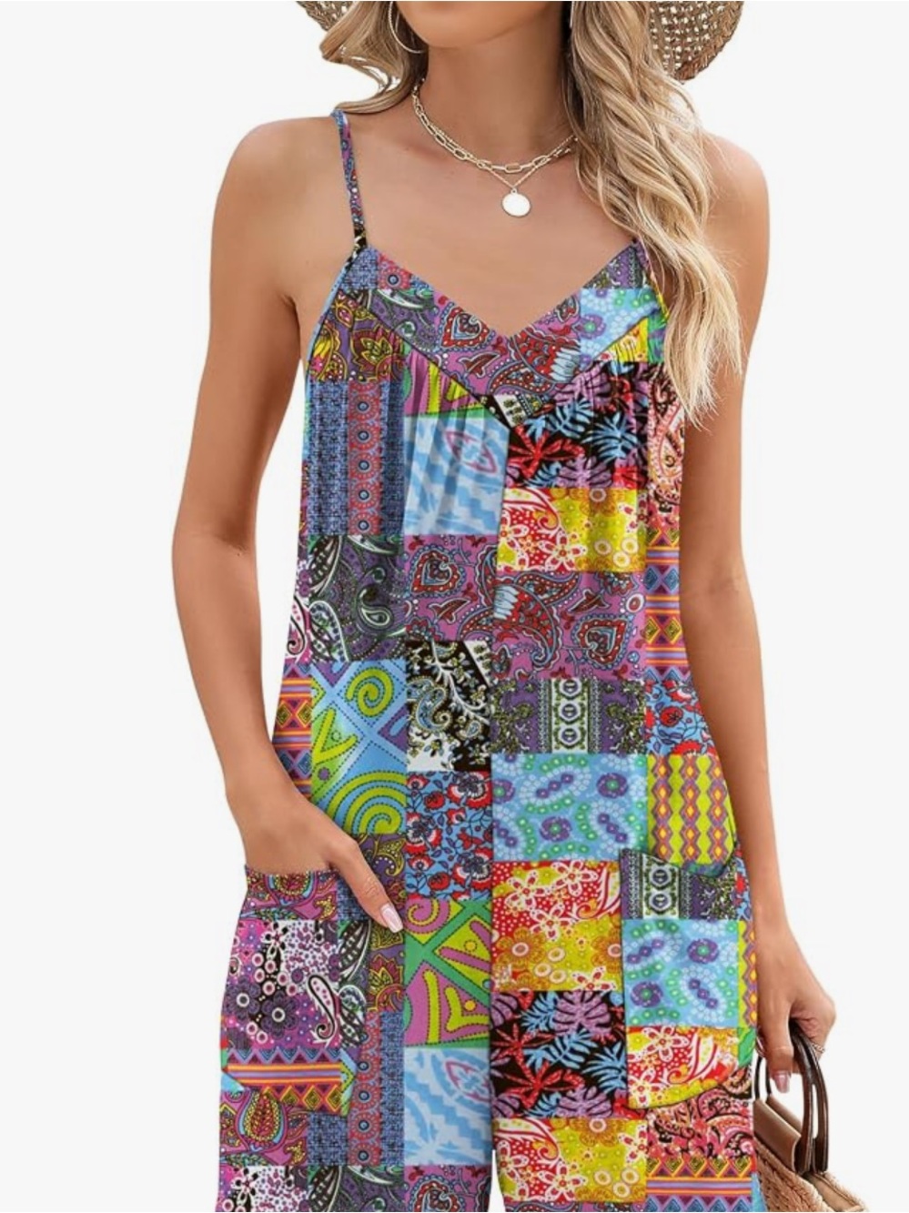 Bright Multicolor Patchwork Spaghetti Strap Romper - Picture 2 of 3